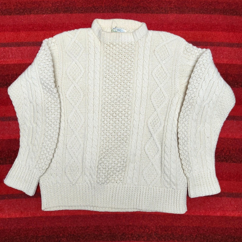 Vintage Aran Cable Knit 100% New Wool Sweater Cream Large Ireland John Molloy